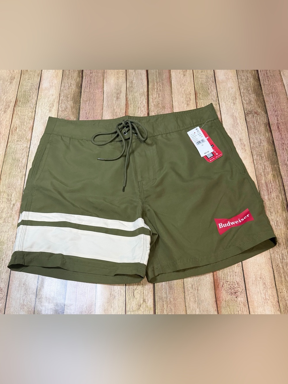 Budweiser Olive Green Shorts with Cream Stripes and Red Logo